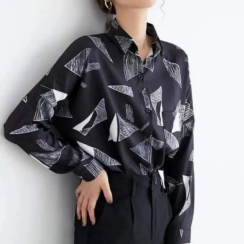 Women's Printed Long Sleeve Blouse-Black-5