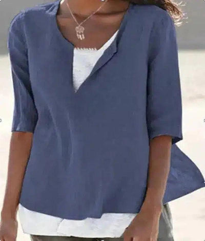 Women's V-Neck Casual Linen Blouse-Navy blue-7