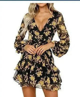 Autumn new fashion flower print long sleeve dress-Gold-21