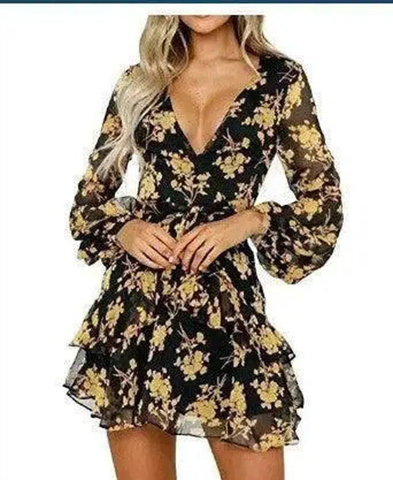 Autumn new fashion flower print long sleeve dress-Gold-25