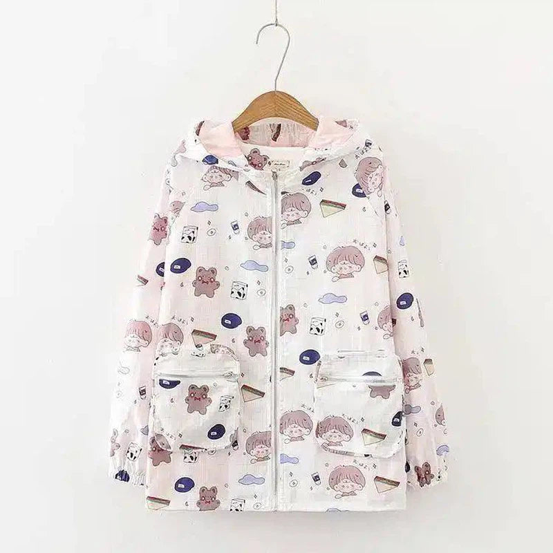 Kids' Hooded Raincoat with Cartoon Print-White-2