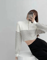 LOVEMI - Lovemi - Black And White Striped Zipper Half High Neck