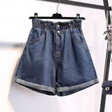 Calyx elastic waist denim shorts female summer high waist-NavyBlue-19