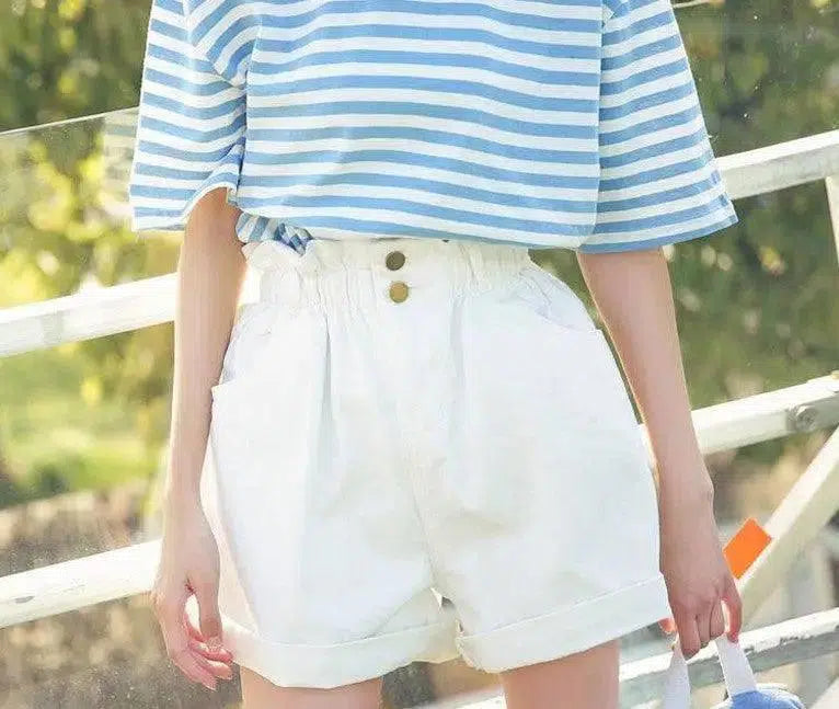 Calyx elastic waist denim shorts female summer high waist-white-45