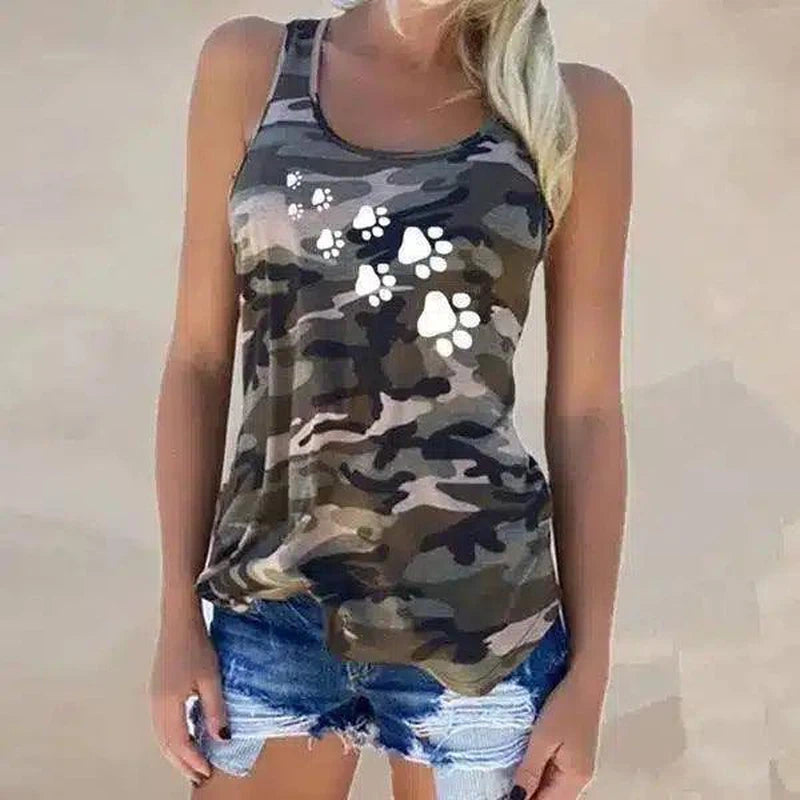 Women's Camo Sleeveless Tank Top with Paw Print Design-Military Green-3