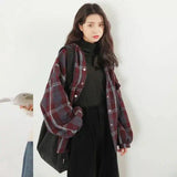 Women's Plaid Oversized Jacket with Pockets-Pink-2