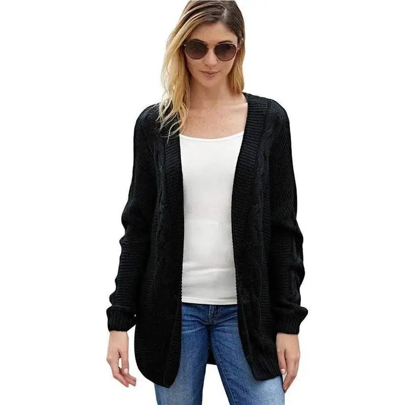 Cardigan Bat Long Sleeve Ribbed Knit Plus Size Cardigan-Black-5