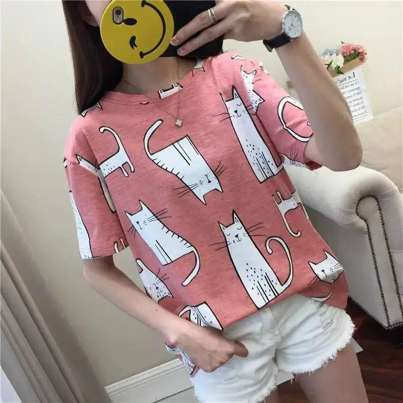 LOVEMI - Lovemi - Cat Print Short Sleeve T-Shirt Red Student Base