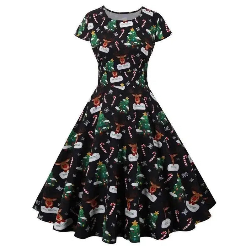 Christmas round neck short sleeve printed dress-JY14943-3