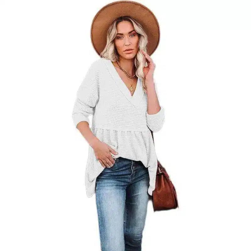 Women's V-Neck Knit Sweater Top-White-2