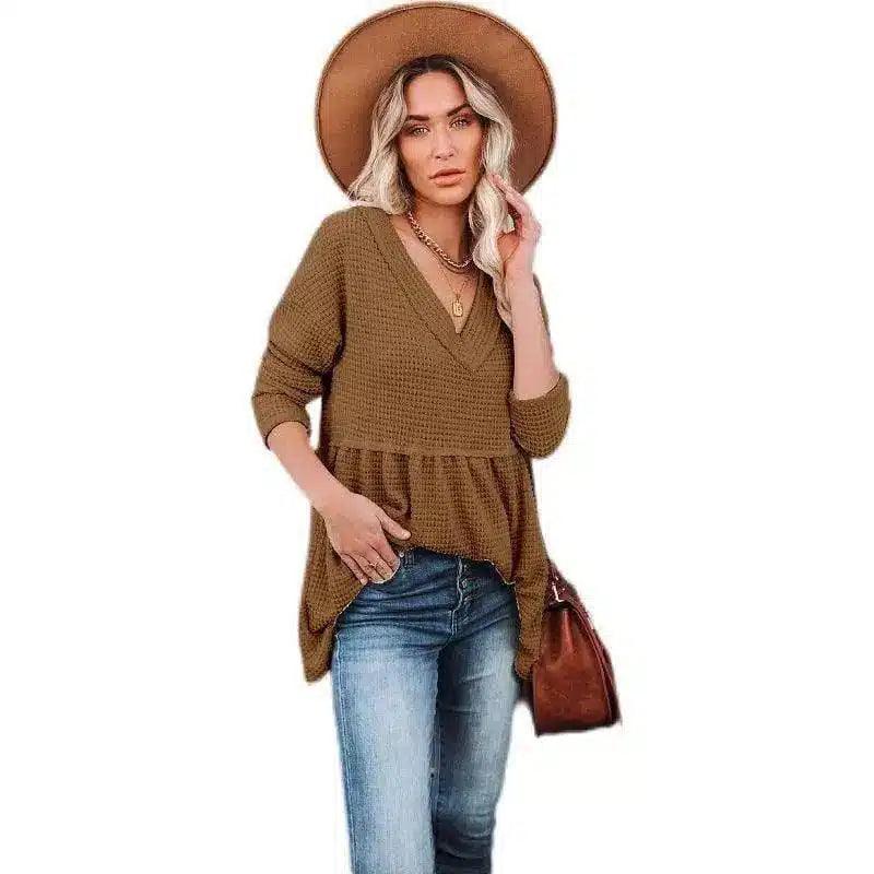 Women's V-Neck Knit Sweater Top-Brown-4