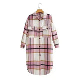 Contrasting Plaid Casual Fashion Simple Long Woolen Coat-Pink-2