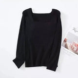 Women's Long Sleeve Square Neck Tops-Black-2