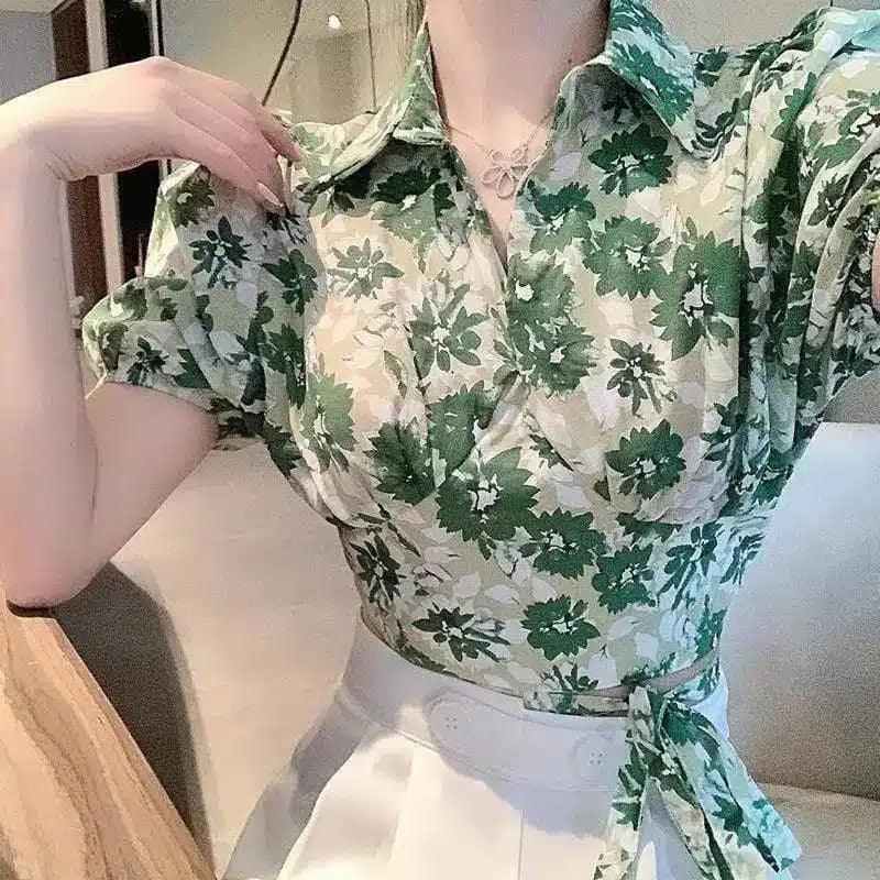 LOVEMI - Lovemi - Cross Tie Green Retro Flowers Short Puff Sleeve