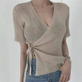 Wrap-Style Knit Top with Tie Waist and V-Neck-Grey-2