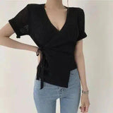 Wrap-Style Knit Top with Tie Waist and V-Neck-Black-3