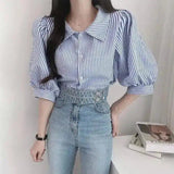 Striped Puff Sleeve Blouse for Women-Blue stripes-1