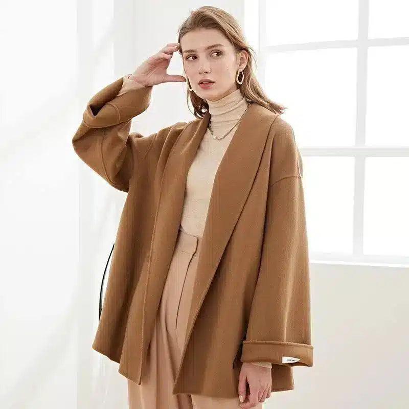 Double sided cashmere coat with wool belt-Camel-3