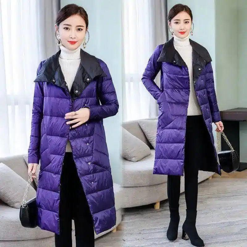 Women's Quilted Long Winter Coat-Blue-1