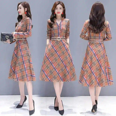 Plaid Belted Midi Dress with 3/4 Sleeves-Brown-2