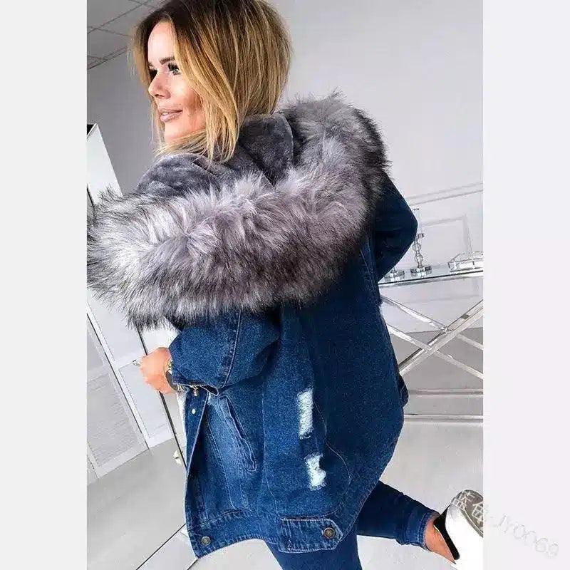 LOVEMI - Lovemi - European And American Retro Big Fur Collar Denim