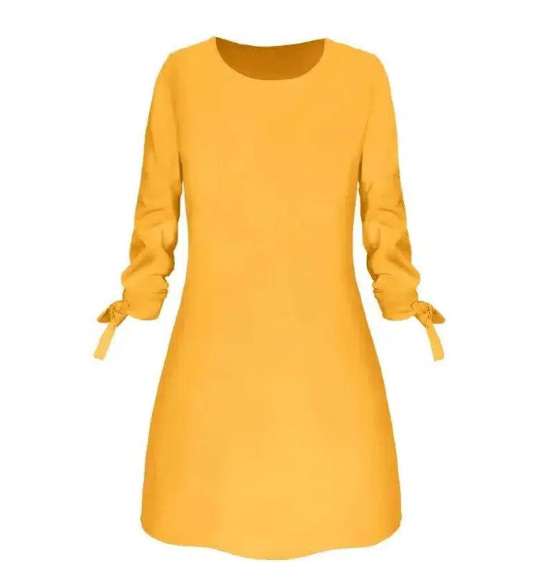 European and American solid color dress casual O-neck dress-Yellow-23