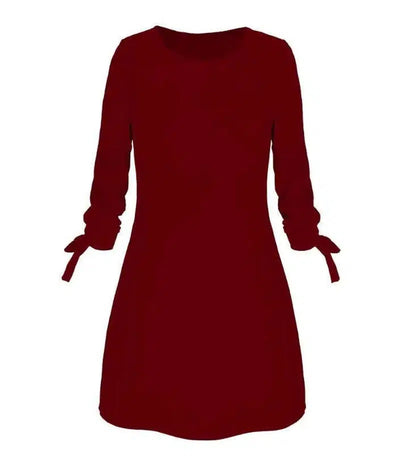 European and American solid color dress casual O-neck dress-Winered-25