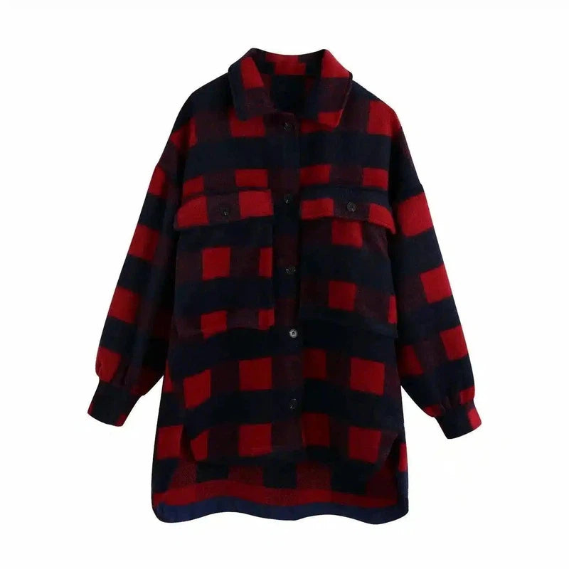 Plaid Wool Blend Overshirt Jackets-Red-3