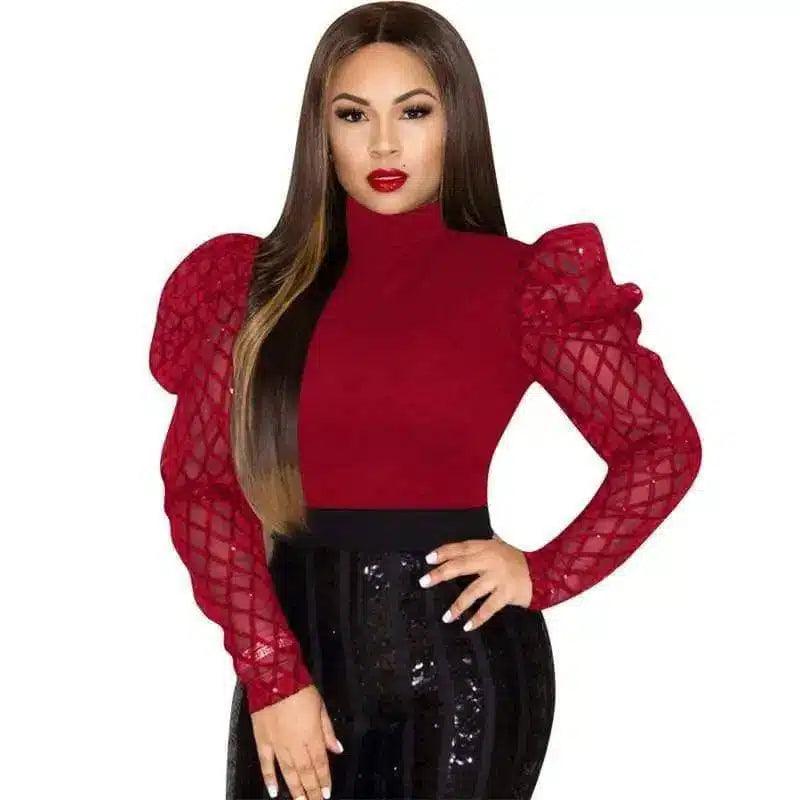 Women's Puff Sleeve Sequin Skirt Outfit-Red-3