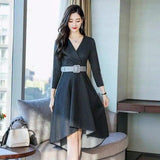 Elegant V-Neck Belted Midi Dress-Black-3