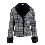 Houndstooth Coat with Faux Fur Trim-Black-1