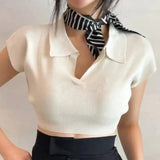 Womens Knit Polo Crop Top-White-2