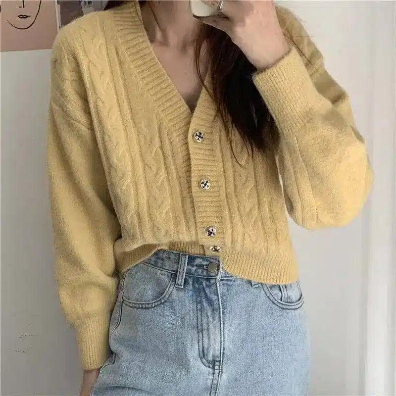 Women's V-Neck Cable Knit Cardigan Sweater-Yellow-4