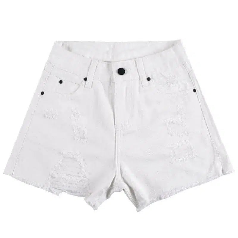 High Waist Ripped Denim Shorts-White-20