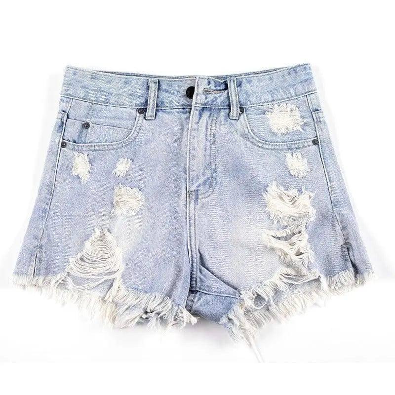 High Waist Ripped Denim Shorts-Lightblue-29