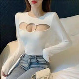 Cut-Out Long Sleeve Women's Fashion Top-White-2