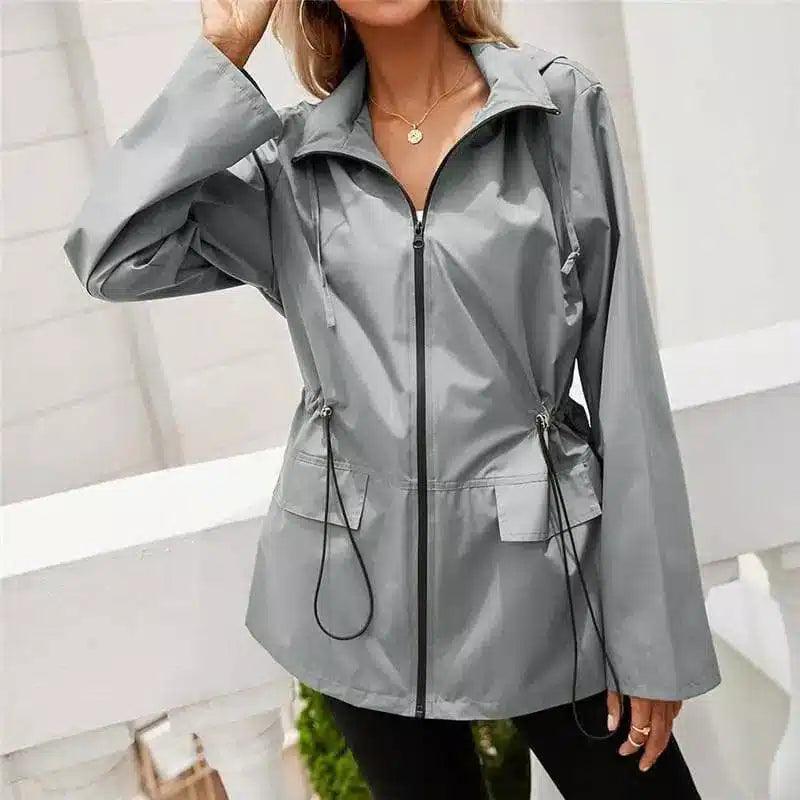 Women's Hooded Drawstring Waist Jacket-Light Grey-4