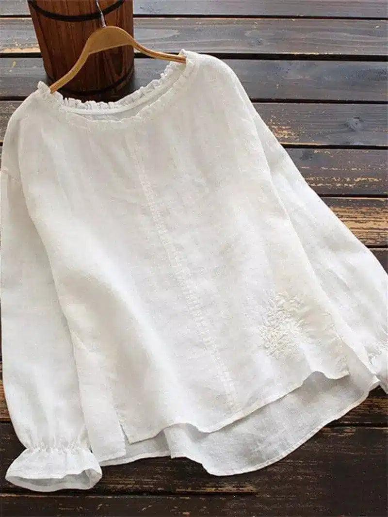 Women's Casual Long Sleeve Linen Blouse-White-1