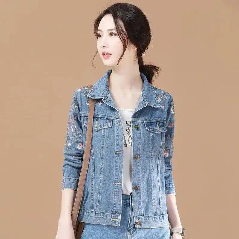 Embroidered Denim Jacket for Women-Light blue-2