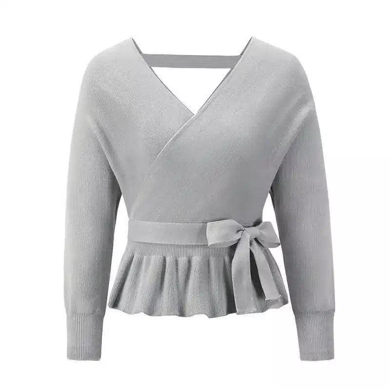 Women's Wrap Front Tie Waist Knit Sweater-Grey-5