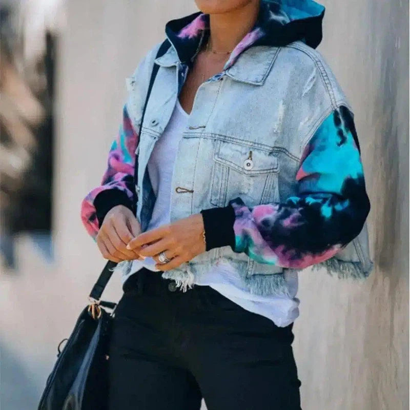 Tie-Dye Hooded Denim Jacket for Casual Wear-Blue-1