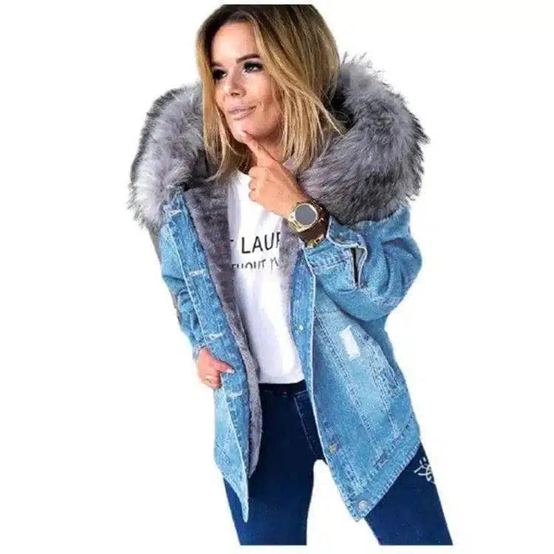 Fluffy Denim Jacket with Faux Fur Hood-Light Blue-5