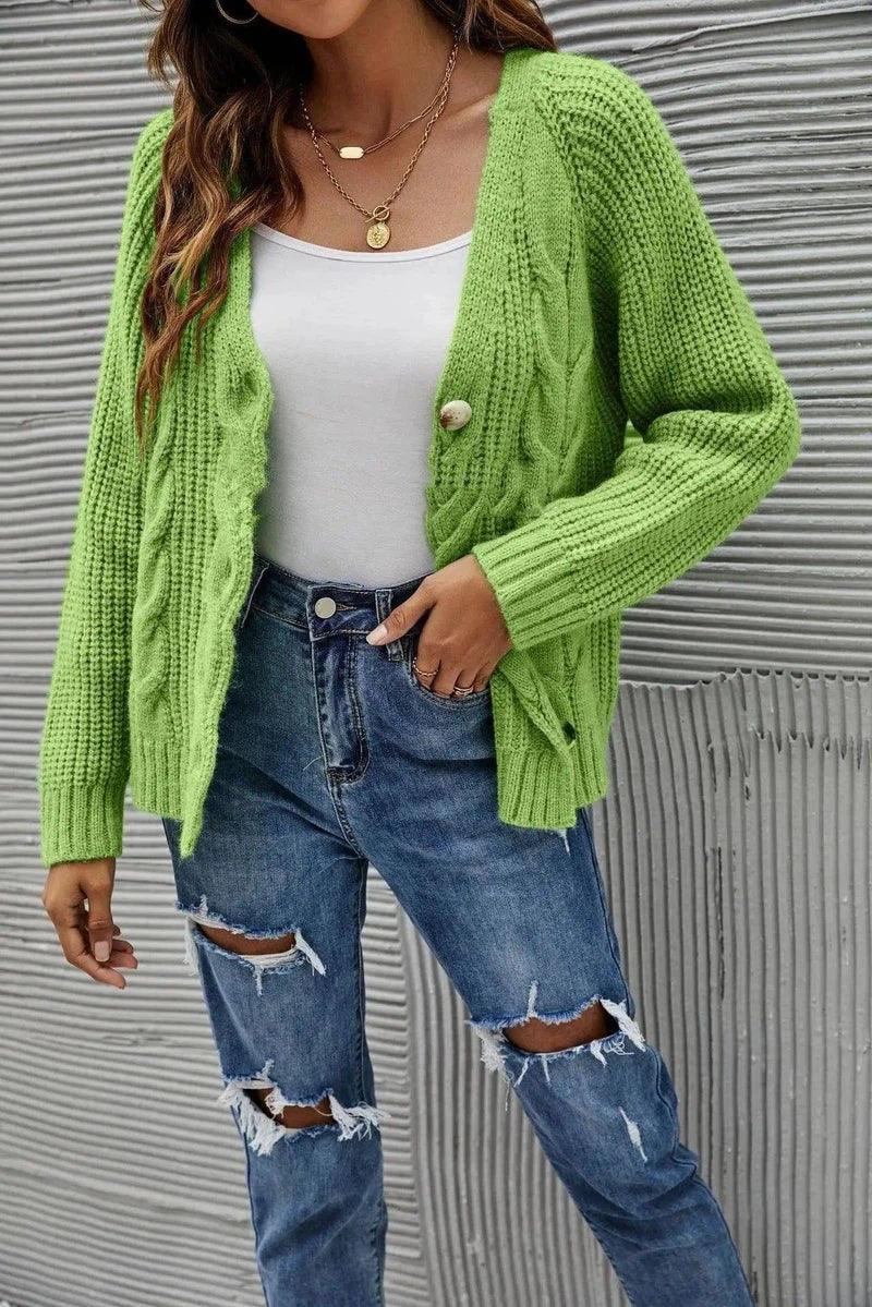 Women's Knit Cardigan Sweater Button-Up-Green-1