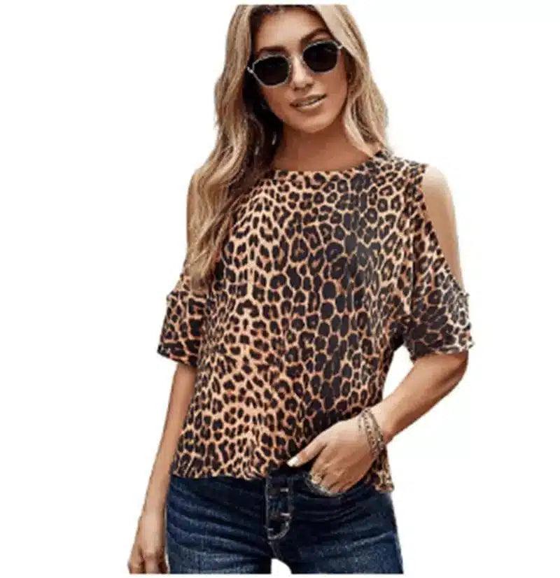 Women's Leopard Print Cold Shoulder Top-leopard-1