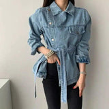 Women's Belted Denim Jacket-Blue-1