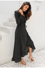 Long sleeve polka dot ruffled split dress black dress maxi-2