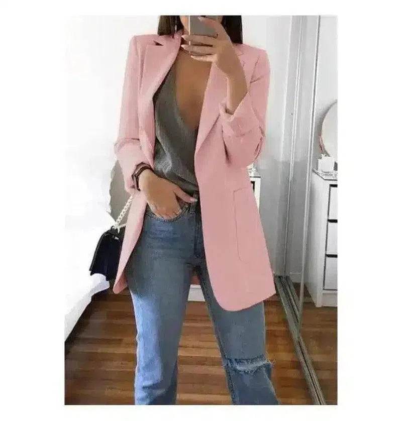 Chic Blazer and Jeans Ensemble for Women-Pink-8