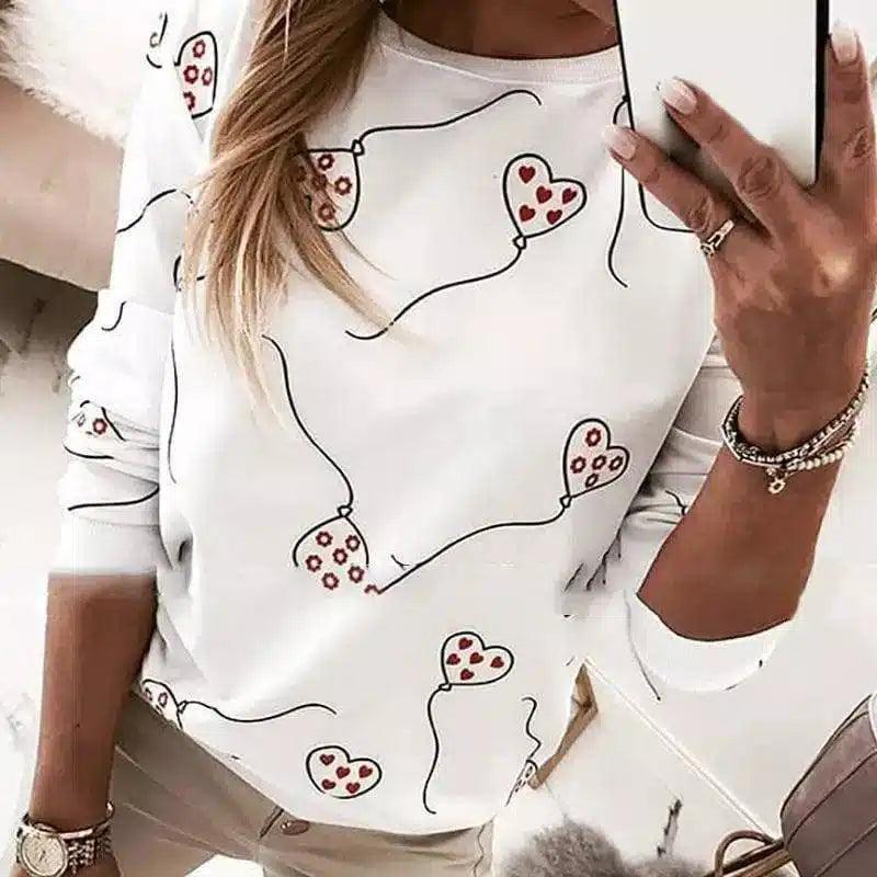 Women's Heart Print Long Sleeve Casual Top-White-1