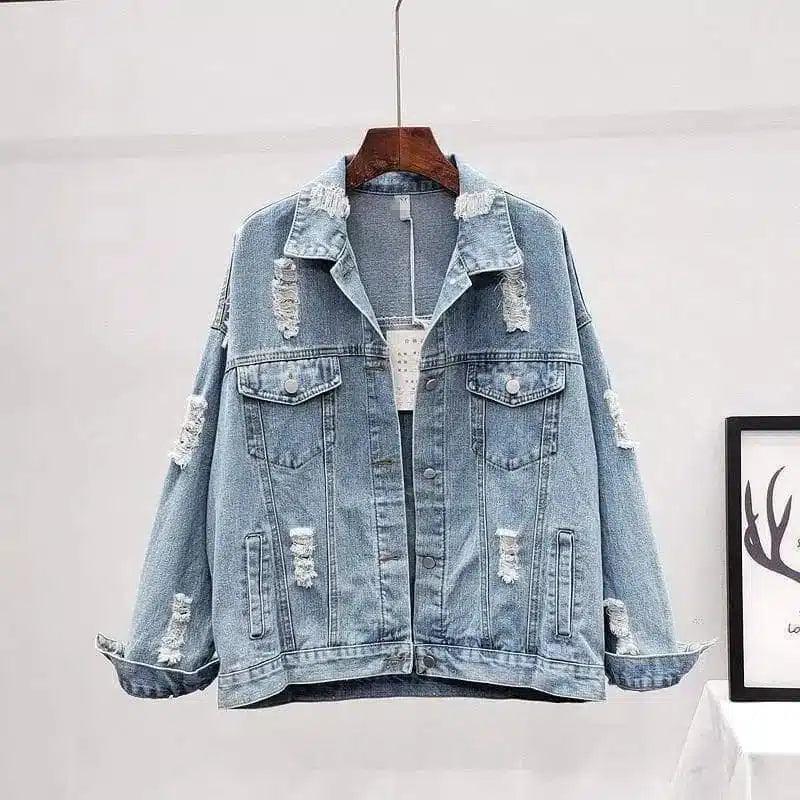 Distressed Denim Jacket with Pockets-Blue-1