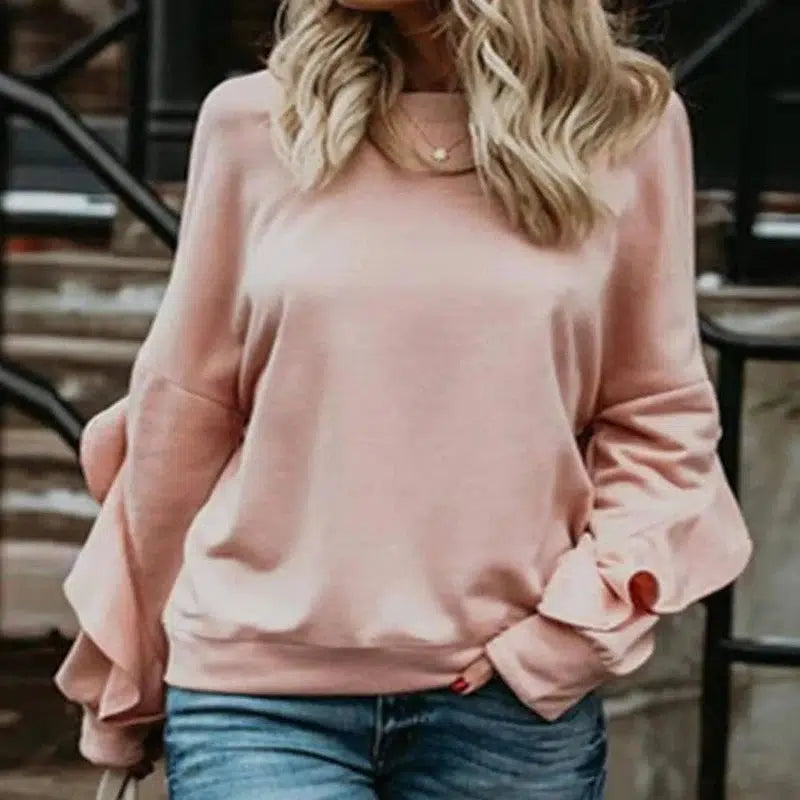 Loose Long-Sleeved T-Shirt Women Round Neck Solid Color-Picture color-2